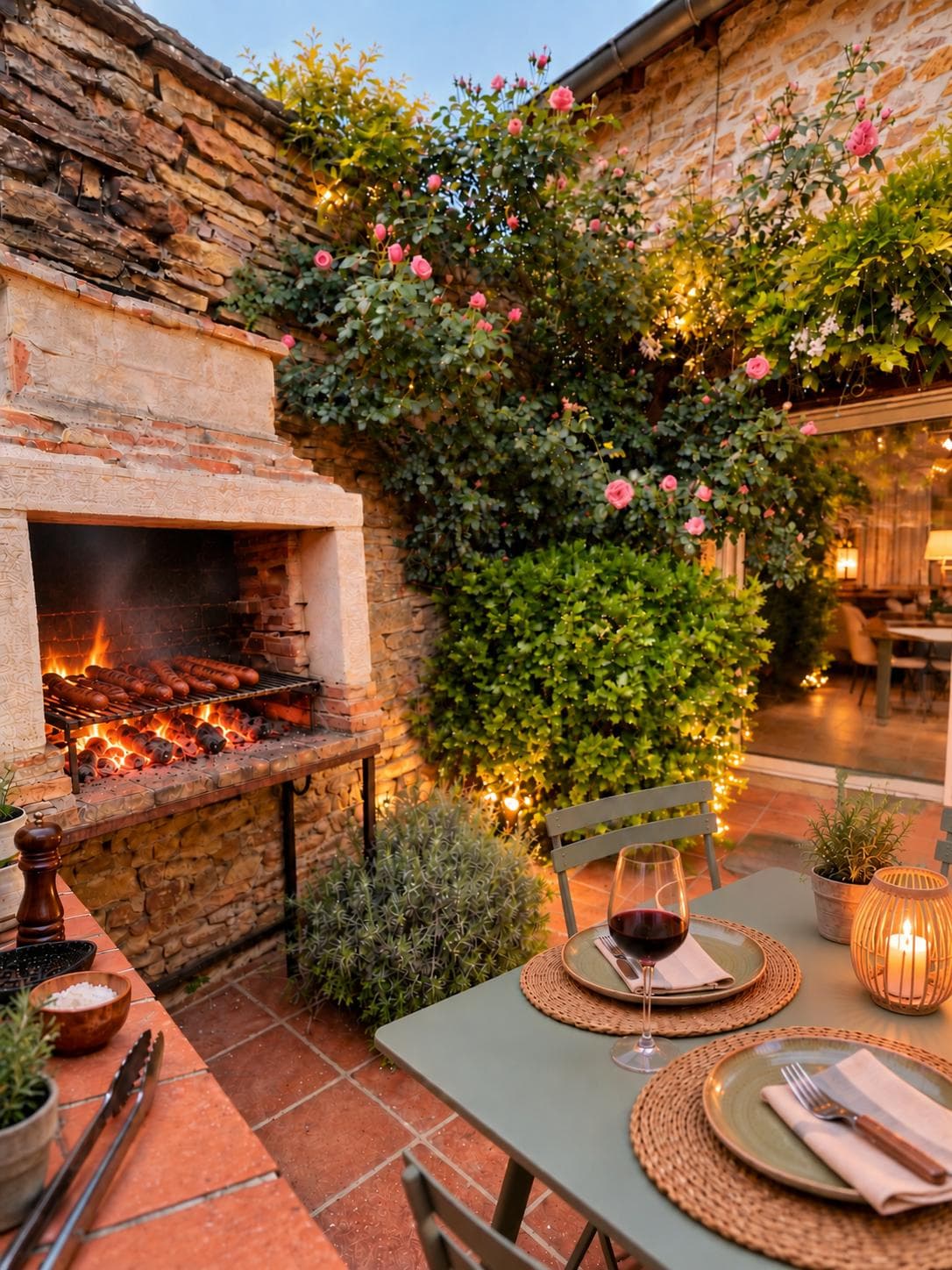 Soirée barbecue sur la terrasse : braises dans le barbecue en pierre, table dressée sous le rosier